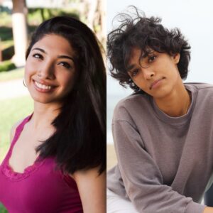 danish is pictured left with long hair and an open smile, Gurmukhi is pictured right with short hair and a tilted head. Both are South Asian.