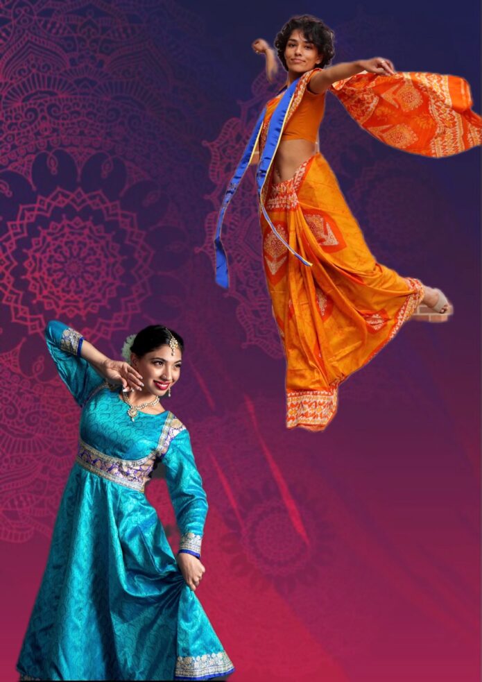 Danish left in a blue Kathak dress elbow up in a dance pose looking down on a diagonal, upper right of photo, gurmukhi is dancing with one leg up behind her and an orange sari flowing off her arms that are raised as if in flight.